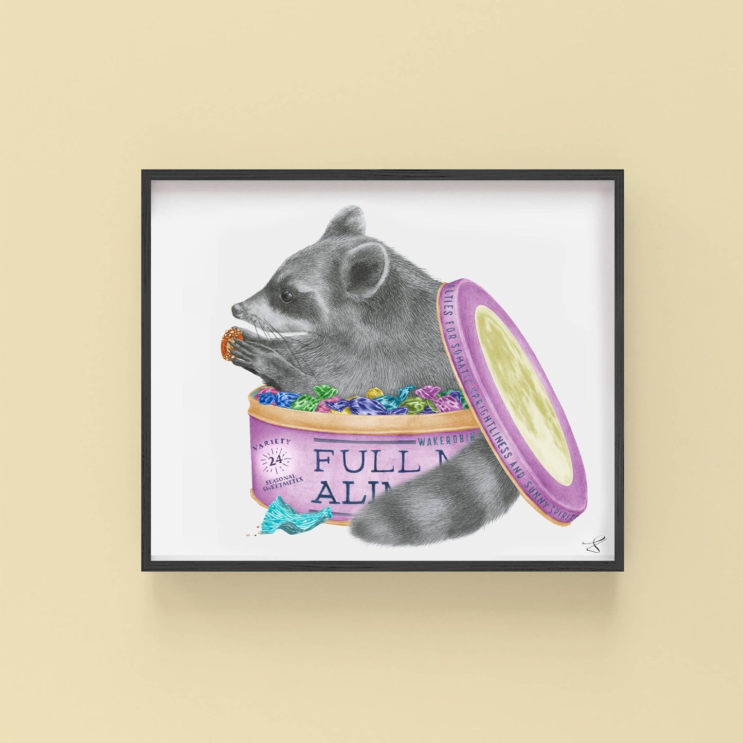 Fifito Thursday Raccoon Portrait Study 9 x 12 Framed with a Black Metal Frame
