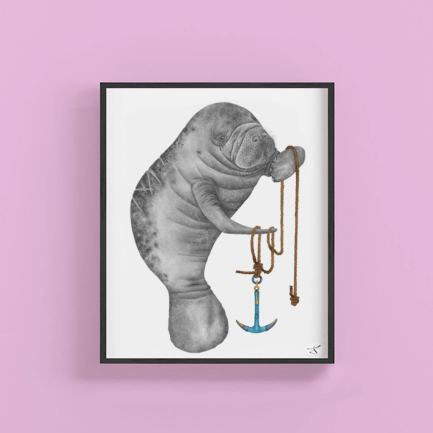 Bob Washago Manatee Portrait Study 9 x 12 with a Black Metal Frame