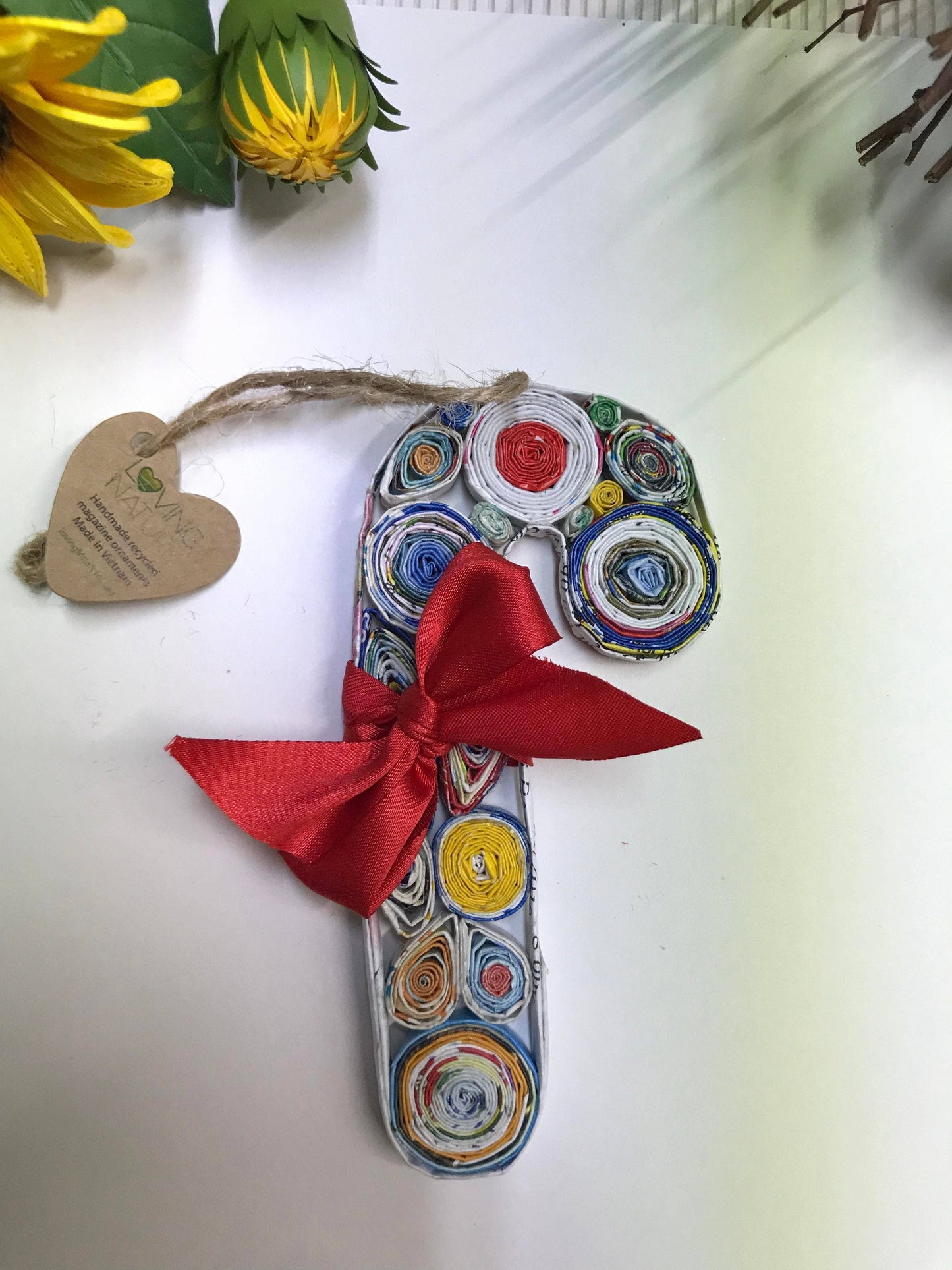 Candy Can Upcycled Paper Ornament, Handcrafted from magazine