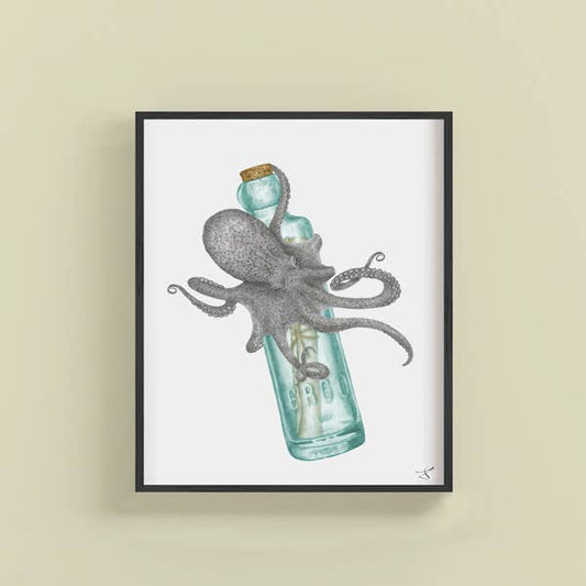 Pip Verdad Common Octopus Portrait Study 8 x 10 Framed with a Black Frame